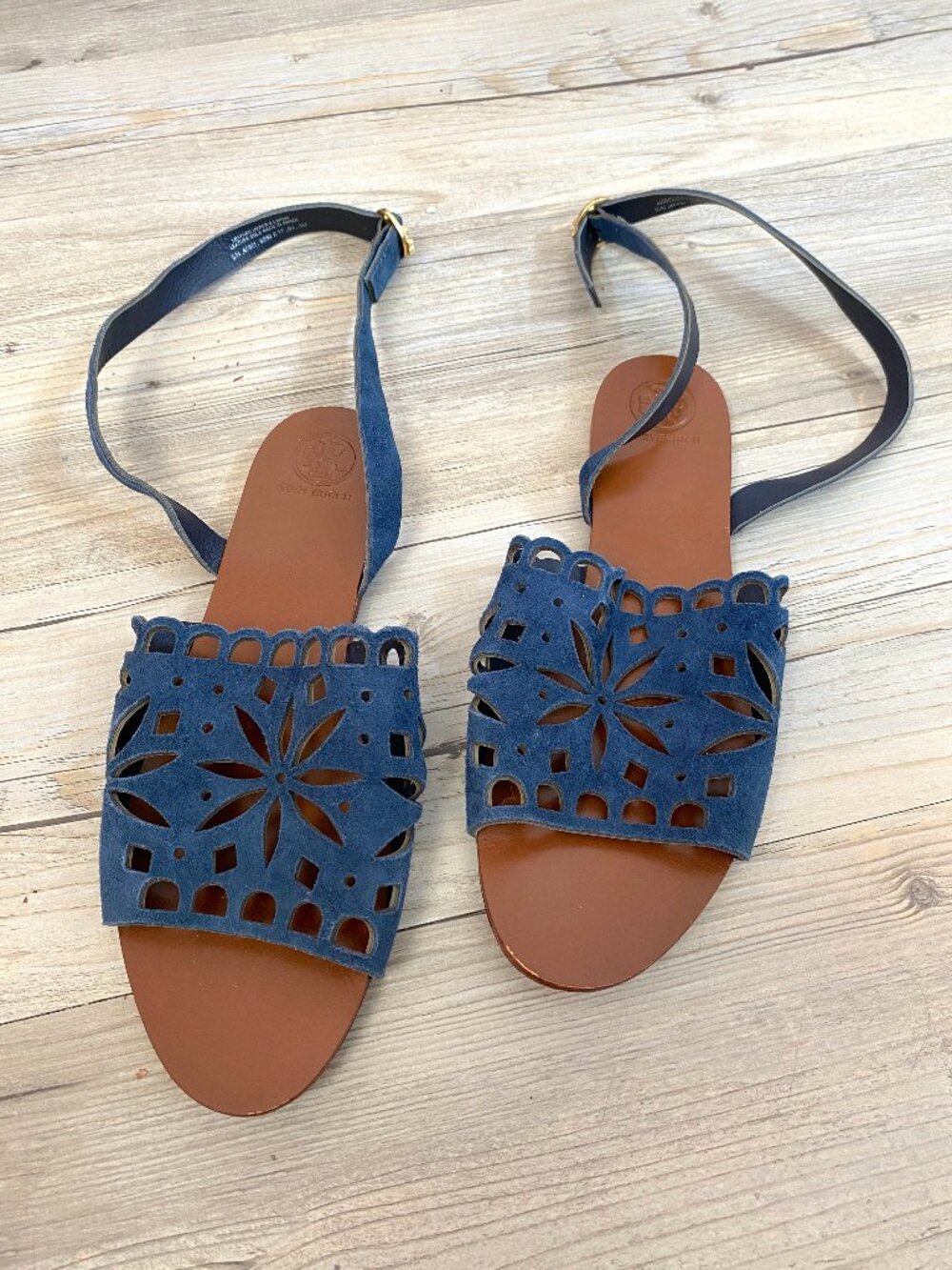 Tory Burch Navy Blue Suede Cutout Detail Sandals - Size 8